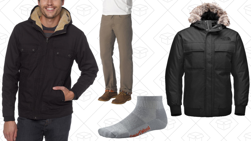 Prana Apperson Jacket, $127 | Prana Bronson Lined Pant, $69 | SmartWool Hike Ultra Light Mini Sock, $10 | The North Face Gotham Down Jacket II, $179